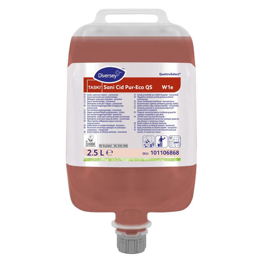 Ein 2,5-Liter Beutel TASKI Sani Cid Pur-Eco QS Sanitär-Unterhaltsreiniger von Diversey, Hochkonzentrat mit natürlicher Zitronensäure und EU Umweltzertifizierung.