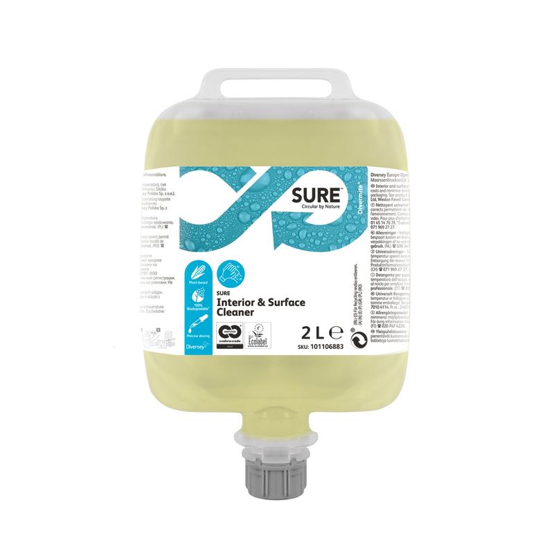Ein 2-Liter-SURE Interior & Surface Cleaner (Allzweckreiniger) der Diversey Deutschland GmbH & Co. OHG mit Ausgießer und weiß-blauem Etikett mit Produktdetails, Zertifizierungen und Anwendungsinformationen.