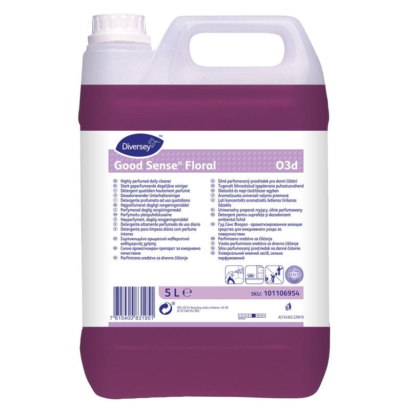 Ein 5-Liter-Kanister Good Sense Floral der Diversey Deutschland GmbH & Co. OHG, einem stark parfümierten Allzweckreiniger mit O.N.T.-Technologie, ist ein 5-Liter-Kanister von Diversey Deutschland GmbH OHG mit Produktinformation und Gebrauchsanweisung auf einem weiß-lila Etikett.