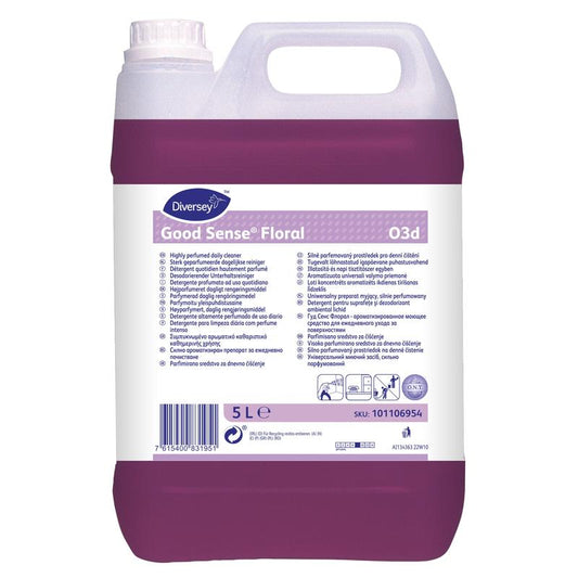 Ein 5-Liter-Kanister Good Sense Floral der Diversey Deutschland GmbH & Co. OHG, einem stark parfümierten Allzweckreiniger mit O.N.T.-Technologie, ist ein 5-Liter-Kanister von Diversey Deutschland GmbH OHG mit Produktinformation und Gebrauchsanweisung auf einem weiß-lila Etikett.