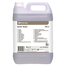 A 5-liter canister of Suma Scale D5.2 descaler from Diversey Deutschland GmbH & Co. OHG, for periodic use, with a multilingual label containing product information, instructions, barcode, and SKU number.