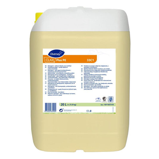 Ein 20-Liter-Kunststoffbehälter Diversey Clax Plus Pur-Eco 33C1 Waschmittel (ohne Bleichmittel, umweltzertifiziert) von Diversey Deutschland GmbH & Co. OHG, mit weißem Verschluss und mehrsprachigem Produktinformationsetikett.