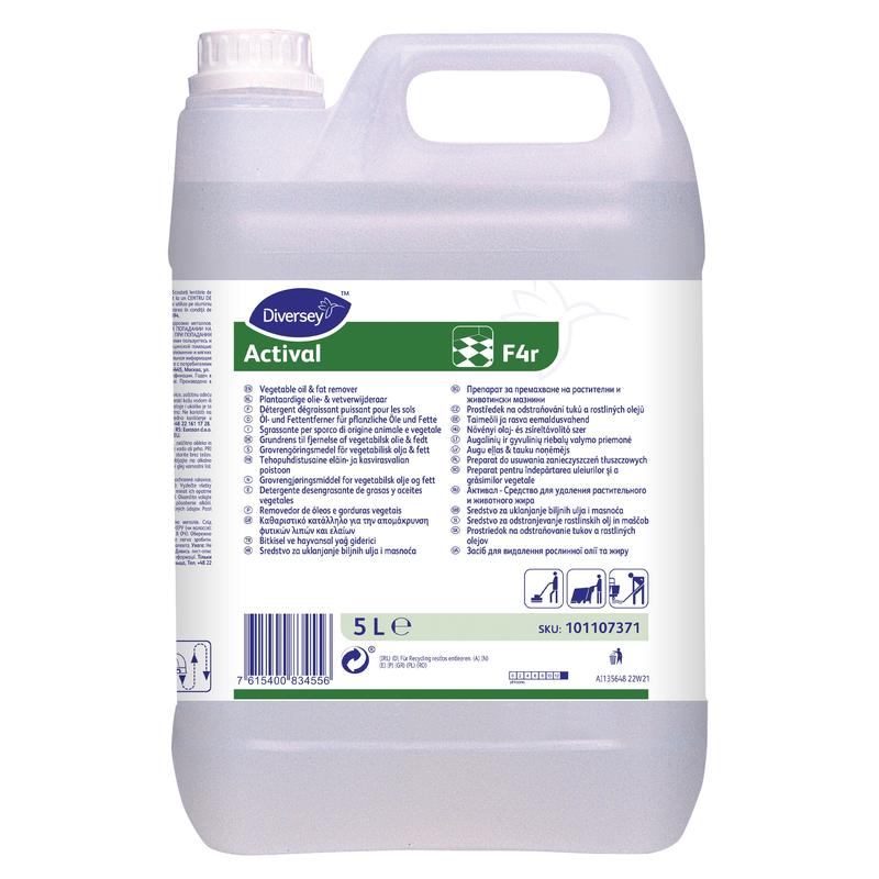 A 5-liter canister of Diversey Actival, an alkaline degreaser for animal and vegetable oils and fats, ideal for kitchens. Contains a handle, a screw cap, and a white-green label with multilingual instructions. From Diversey Deutschland GmbH & Co. OHG.