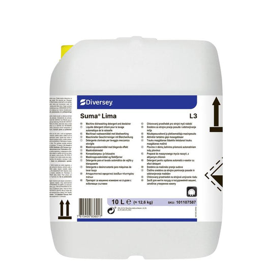 Ein 10-Liter-Behälter aus weißem Kunststoff mit Diversey Suma Lima L3 Geschirrreiniger mit Bleiche von Diversey Deutschland GmbH & Co. OHG, mit Griff, Füllstandsmarkierungen, blauem und schwarzem Text, Symbolen und einem mehrsprachigen Etikett.