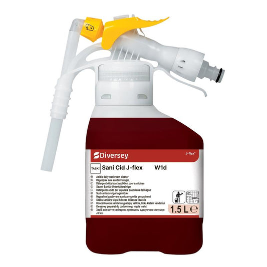 Eine 1,5-Liter-Flasche TASKI Sani Cid, ein hochkonzentrierter Waschraumreiniger auf Zitronensäurebasis der Diversey Deutschland GmbH & Co. OHG, mit aufgesetztem gelb-weißen Sprüher und beschriftetem transparenten Schlauch zur einfachen Anwendung.