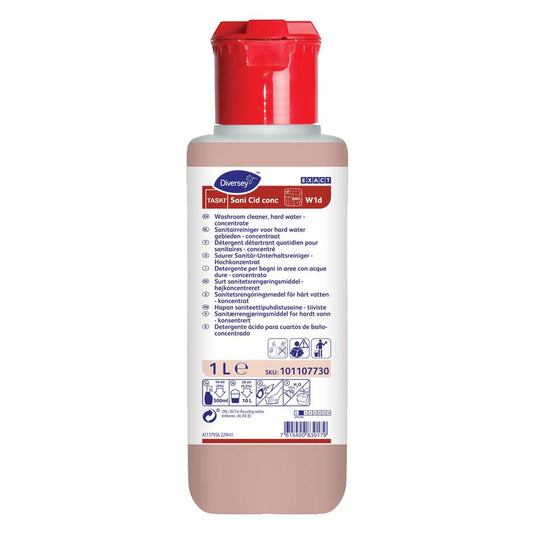Eine 1-Liter-Flasche TASKI Sani Cid, ein hochkonzentrierter Sanitärreiniger mit Zitronensäure der Diversey Deutschland GmbH & Co. OHG, ausgestattet mit einem roten Verschluss und einem blau-weißen Etikett mit Produktdetails und mehrsprachiger Anleitung.