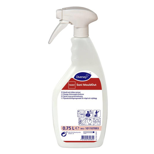Eine weiße 750 ml Sprühflasche mit der Aufschrift "TASKI Sani MouldOut" der Diversey Deutschland GmbH & Co. OHG, ein Schimmelpilz-Entferner auf Chlorbasis für Feuchträume, mit Gebrauchsanweisung und Produktinformation auf der Vorderseite.