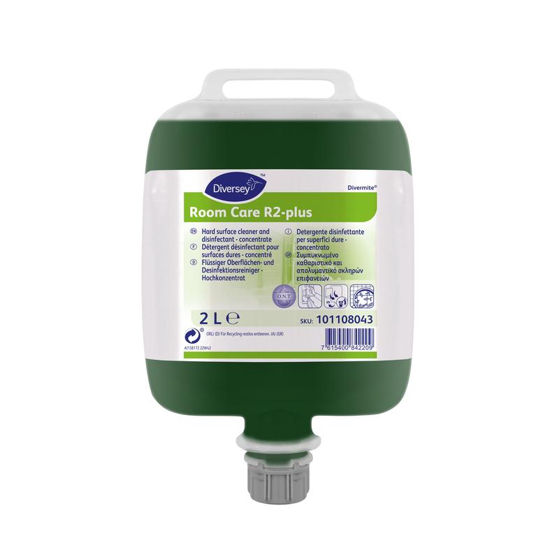 Ein 2-Liter-Beutel von Diversey Deutschland Room Care R2 plus, flüssiger, desinfizierender Oberflächenreiniger (Hochkonzentrat) mit Spenderkappe und vorderem Produktetikett.