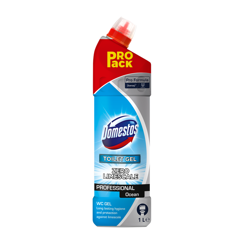 Eine 1-Liter-Flasche DOMESTOS Professional WC Reiniger Ocean von Diversey Deutschland GmbH & Co. OHG, mit rotem Winkelverschluss und "PRO pack"-Etikett, entfernt effektiv Kalk und Urinstein und fördert gleichzeitig Hygiene und Schutz.