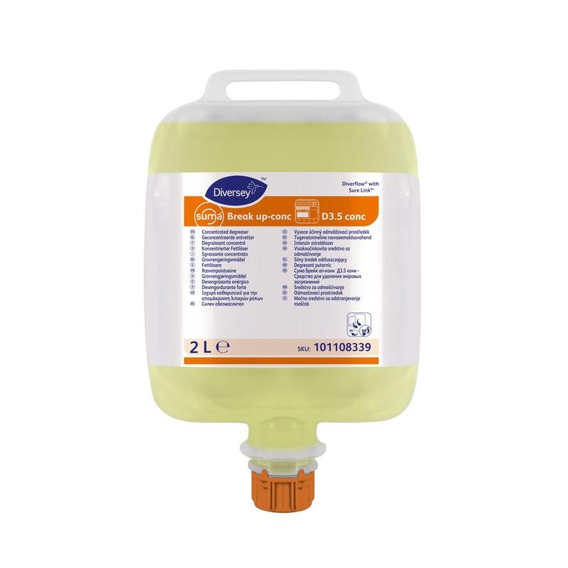 A 2-litre bag of Suma Break up-conc D3.5 from Diversey Deutschland GmbH & Co. OHG: highly concentrated, aluminum-safe, and extra strong grease remover for professional kitchens.