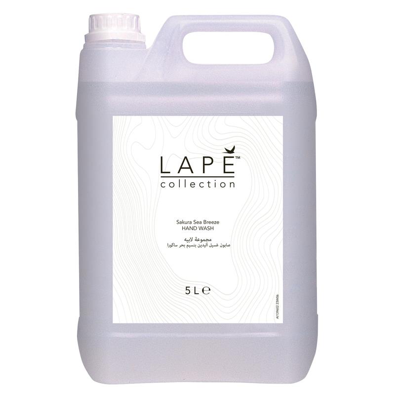 A 5-liter canister made of transparent plastic with a handle and screw cap from Diversey Deutschland GmbH & Co. OHG labeled "LAPE Earth Collection Sakura Sea Breeze Hand Wash" is provided with a white label and has a delicate scent of cherry blossoms and sea breeze.