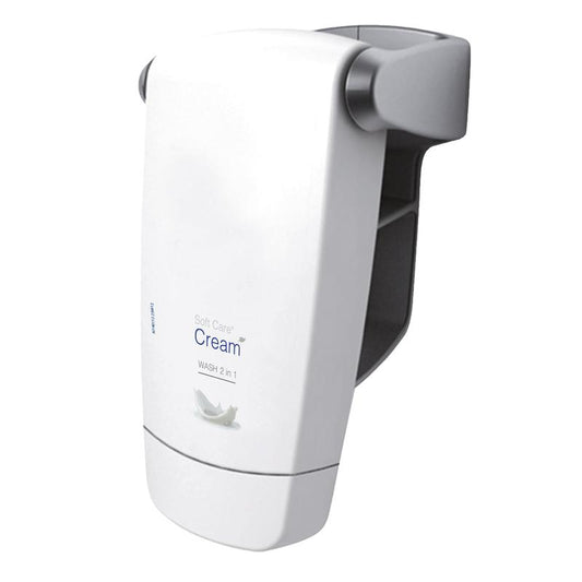 Ein weißer Wandspender mit der Aufschrift "Soft Care Cream Wash 2 in 1, Duschgel und Haarshampoo | Flasche (250 ml)" von Diversey Deutschland GmbH & Co. OHG zeichnet sich durch eine Taubengrafik, ein geschwungenes Design und einen grauen Druckhebel zur einfachen Entnahme von Gel oder Shampoo aus.