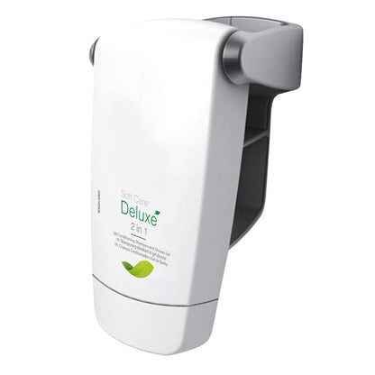 A white, wall-mounted dispenser "Soft Care Deluxe 2 in 1, Shower Gel & Shampoo" by Diversey Deutschland GmbH & Co. OHG with green text, a leaf graphic, and gray accents - perfect for shower gel or shampoo.