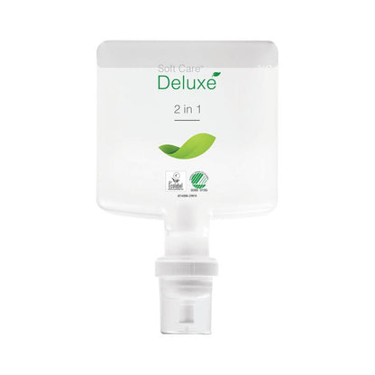 A transparent plastic dispenser bottle labeled "Soft Care Deluxe 2 in 1, Shower Gel & Shampoo" by Diversey Deutschland GmbH & Co. OHG features a green leaf graphic, certification logos, and a white dispenser cap at the bottom.