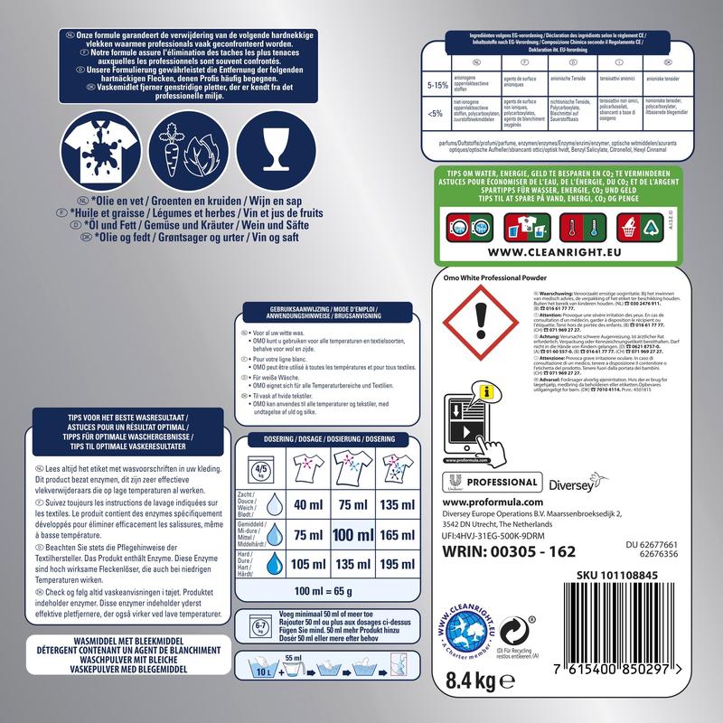 Image of an Omo Professional White 120 Washes detergent pack from Diversey Deutschland GmbH & Co. OHG, with various labels and instructions in multiple languages. It contains product usage symbols, dosage recommendations for brilliantly white laundry, safety warnings, and recycling information. The background is predominantly blue and white.