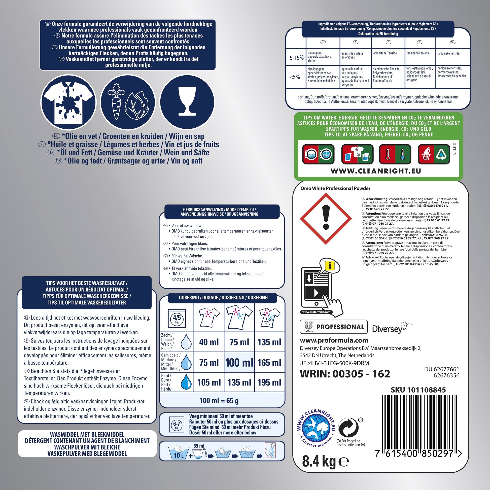 Bild einer Omo Professional Weiß 120 Wäschen Waschmittelpackung von Diversey Deutschland GmbH & Co. OHG, mit verschiedenen Etiketten und Anleitungen in mehreren Sprachen. Es enthält Produktverwendungssymbole, Dosierungsempfehlungen für strahlend weiße Wäsche, Sicherheitswarnungen und Recyclinginformationen. Der Hintergrund ist überwiegend blau und weiß.