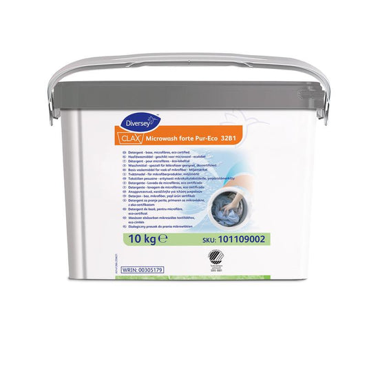 Ein weißer 10 kg Kunststoffbehälter von Clax Microwash forte Pur-Eco Waschmittel für Mikrofasern (umweltzertifiziert) von Diversey Deutschland GmbH & Co. OHG, mit grauem Griff und Deckel, weist auf der Vorderseite Produktangaben und Anwendungshinweise auf.