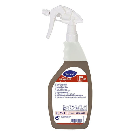 A 0.75-liter spray bottle of Suma Grill D9 Oven and Grill Cleaner from Diversey Deutschland GmbH & Co. OHG features a white spray nozzle and a brown label with product information and instructions for effective grease removal.