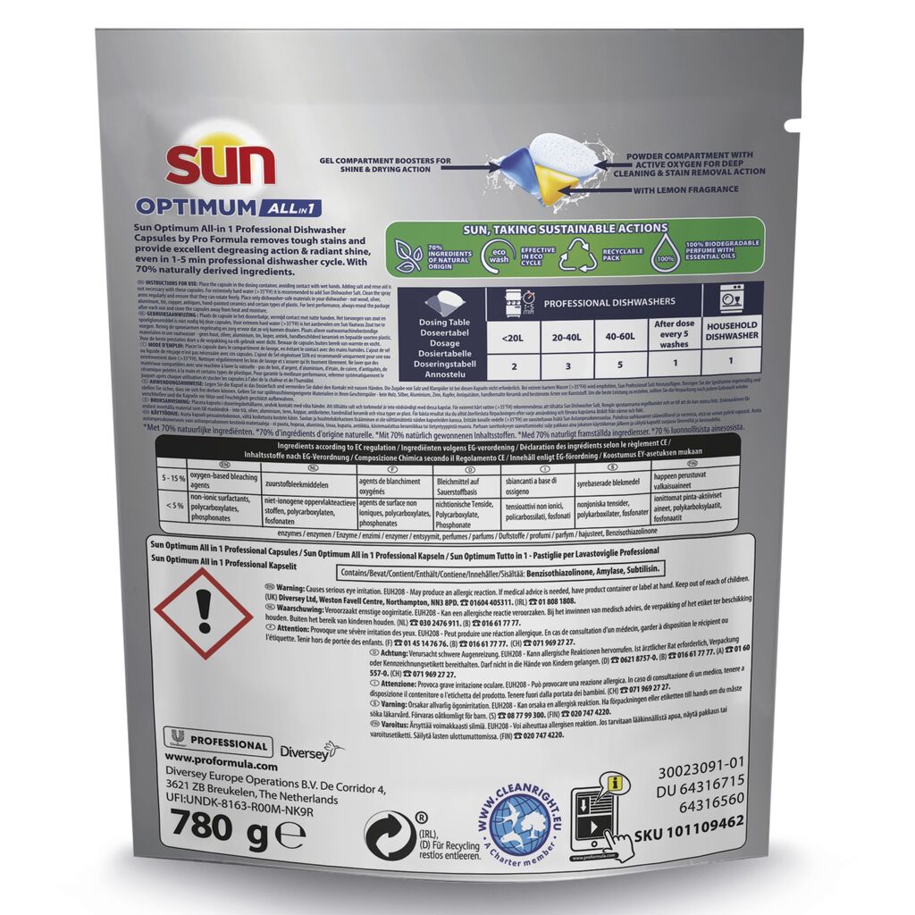 On the back of a Sun Professional Optimum All in One dishwasher capsules (52 tabs, 780g) from Diversey, you will find information on usage and safety, a dosage guide, ingredients, recycling information, product codes, and company information for your dishwasher.