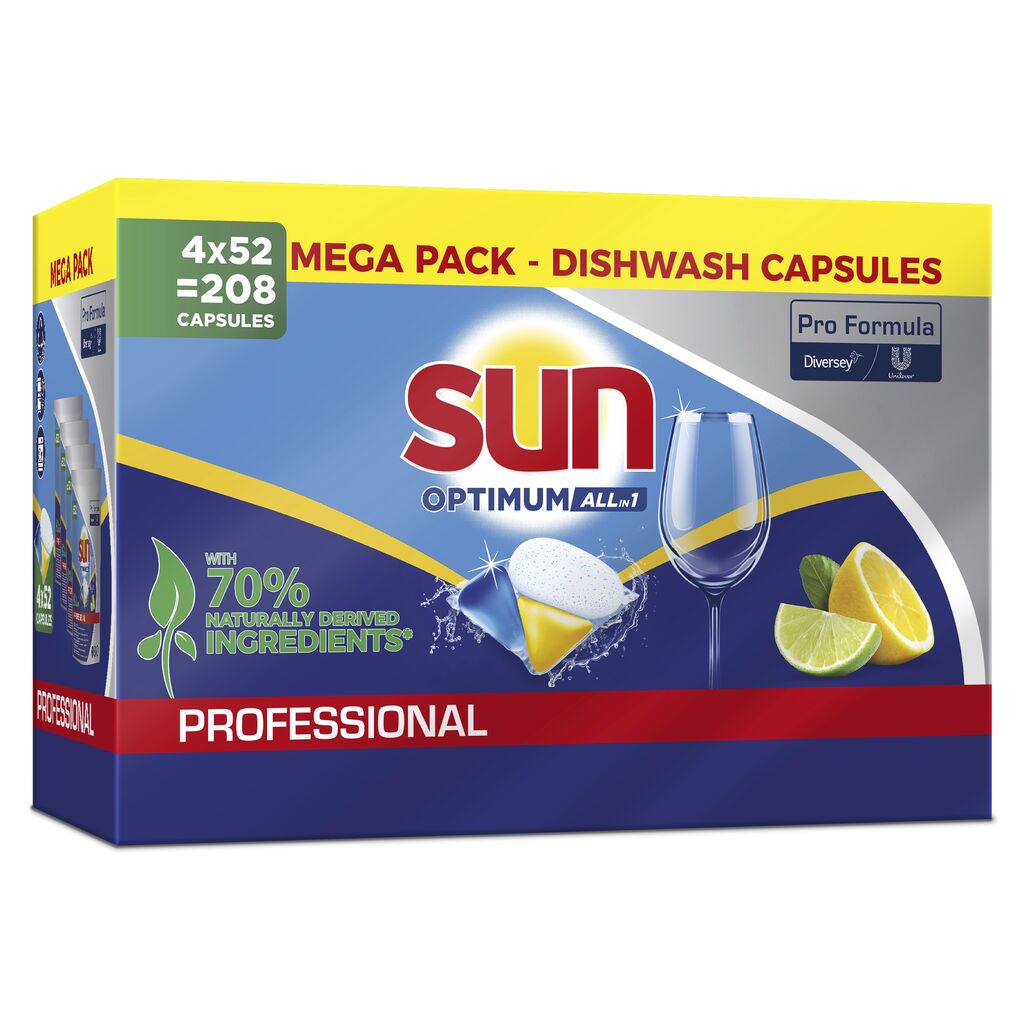 A package of Sun Professional Optimum All in One dishwasher capsules with rinse aid and salt from Diversey Deutschland GmbH & Co. OHG, with 52 tabs, featuring images of a champagne glass, a capsule, and citrus fruits on the package.