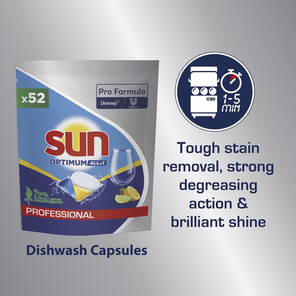 A package of Sun Professional Optimum All in One dishwasher capsules with rinse aid and salt (52 tabs) from Diversey Deutschland GmbH & Co. OHG is depicted with the note "Strong stain removal, strong degreasing & brilliant shine" as well as a 1-5 minutes symbol.