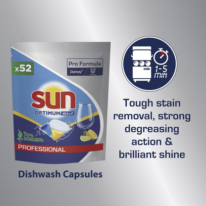 A package of Sun Professional Optimum All in One dishwasher capsules with rinse aid and salt (52 tabs) from Diversey Deutschland GmbH & Co. OHG is depicted with the note "Strong stain removal, strong degreasing & brilliant shine" as well as a 1-5 minutes symbol.