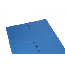 A flat, blue plastic film - like that of EMIL DEISS KG (GmbH + Co.) DEISS 10122 - 900x1100x0.07 mm blue (carton, 200 packs) - shows black recycling warning symbols and the number 65 on a solid white background; ideal for waste disposal.