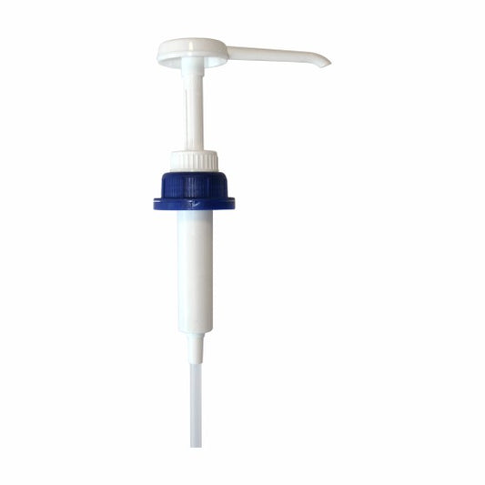 Die Arcora Dosierpumpe 20 ml für 10 L Kanister von Arcora International GmbH ist mit einem blauen Ring in der Nähe des Bodens, einer langen Tülle und einem nach unten gerichteten Rohr abgebildet und eignet sich für die Entnahme aus 10-Liter-Kanistern. Packung: 1 Stück.