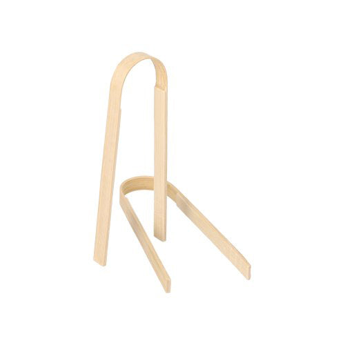 Auf weißem Hintergrund ist ein 10er-Set heller PAPSTAR 10 Fingerfood-Zangen, Bambus 10 cm, von der PAPSTAR GmbH mit schlicht geschwungenem Design zu sehen – eine nachhaltige Servierlösung für Ihre Küche.