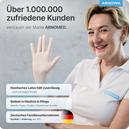 Eine lächelnde Frau in weißem Polo und Handschuh hebt die Hand. Über 1 Million vertrauen den ARNOMED LATEX PF puderfreien Einmalhandschuhen aus Latex Natur der ARNOWA GmbH - bevorzugt in Medizin, Pflege und aus einem deutschen Familienunternehmen.