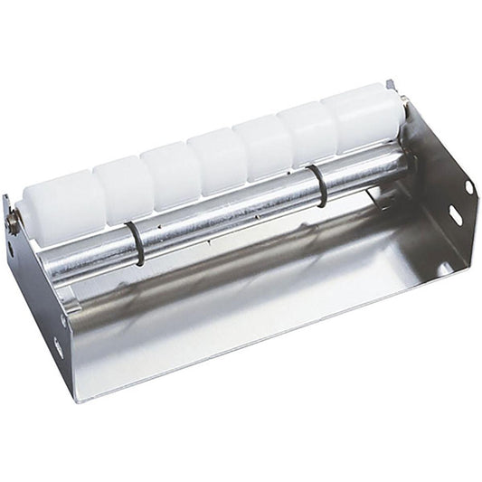Die Nagelwalze DF20 (221x95x66, 1 Stück) von Duni GmbH ist ein Metallbügel mit weißen Kunststoffrollen, ideal als Förderband oder Führung für bewegliche Gegenstände - ein unentbehrliches Werkzeug für Handwerker zum schnellen und sicheren Befestigen von Nägeln.