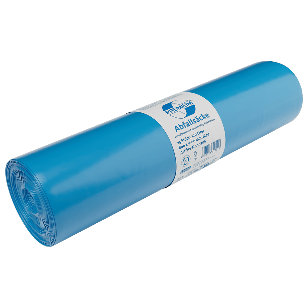 A roll of DEISS 10306 garbage bags (800x1000 mm, Type 70, blue, 25 pieces) from EMIL DEISS KG (GmbH + Co.) with a blue-white label, ideal for commercial waste disposal, depicted on a white background.