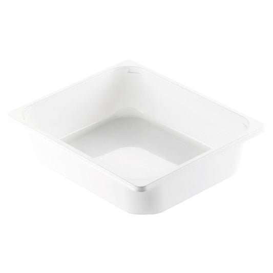 Eine weiße rechteckige CPET-Schale 1/2 GN Weiß CPET 325x265 der Duni GmbH, mit leicht abgerundeten Ecken und glatter Oberfläche, schräg dargestellt mit Innenansicht und einer Seite.
