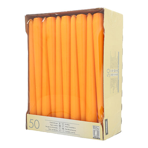 Eine Pappschachtel mit 50 Starpak Leuchterkerzen (Ø 2,2 cm, 25 cm), sichtbar durch ein vorderes Kunststofffenster. Die Verpackung ist auf der Vorderseite und an der Seite mit Produktangaben versehen, die dem Stil unserer Kollektion Leuchterkerzen weiß entsprechen.
