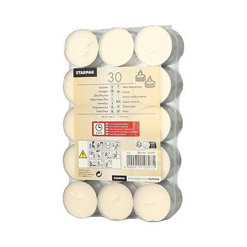 30 white tealights from Starpak (Ø 37 mm, 19 mm, 6 hours burning time), shrink-wrapped in a pack of 30. The label contains product information, usage instructions, and warning symbols; The tealights are arranged in three rows.