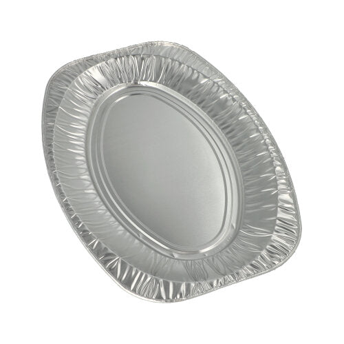 Die Starpak 3 Servierplatten, Alu von Starpak sind ovale Einwegschalen aus Aluminium mit gewellten Kanten, ideal für elegante Präsentationen und auf einem schlichten weißen Hintergrund.