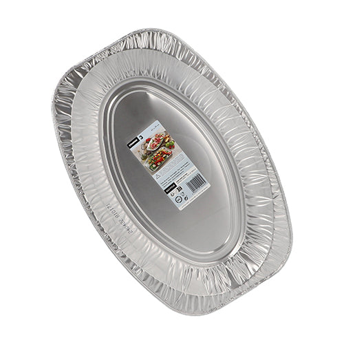 Starpak 3 Servierplatten, Alu: Ovale Einwegschalen aus Aluminium von Starpak mit einem zentralen Etikett mit Produktdetails und einem Lebensmittelbild, ideal für elegante Präsentationen, dargestellt auf weißem Hintergrund.
