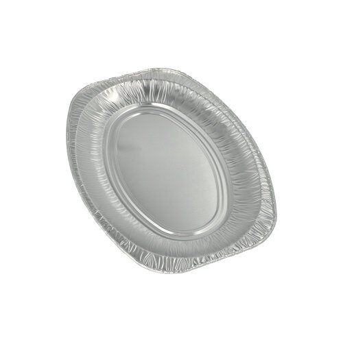 Ein Set aus drei leeren, ovalen Starpak 3 Servierplatten aus Aluminium von Starpak wird vor einem schlichten weißen Hintergrund gezeigt, ideal für elegante Präsentationen.