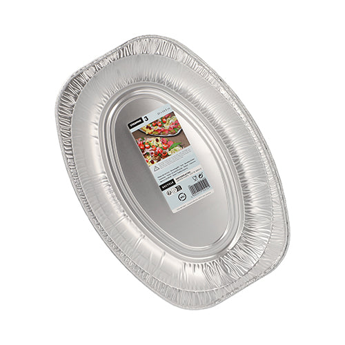 Die Starpak 3 Servierplatten, Alu von Starpak sind ovale Einwegschalen aus Aluminium mit einem zentralen Produktetikett mit Lebensmittelbildern und -informationen. Die Schalen eignen sich perfekt für elegante Präsentationen und werden vor einem weißen Hintergrund präsentiert.