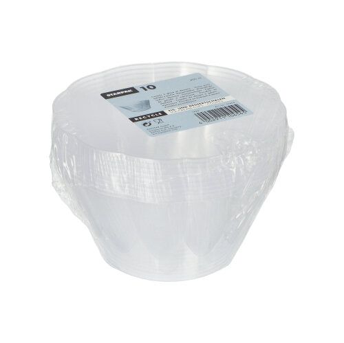 Ein Stapel aus zehn runden, glasklaren Starpak-Eis- und Dessertschalen (Ø 12 cm · 7 cm) mit 400 ml Inhalt, in Schrumpffolie eingewickelt, mit einem Etikett obenauf, das Produktinformationen und einen Strichcode enthält.