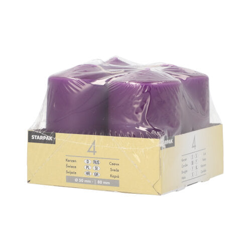 Vier elfenbeinfarbene Starpak Stumpenkerzen (Ø 50 mm, 80 mm, flache Oberseite) sind in durchsichtigem Kunststoff verpackt und mit einem beige-weißen Etikett versehen, auf dem die Marke Starpak und Kerzendetails zu sehen sind. Sie sind aus hochwertigem Wachs für dauerhafte Qualität hergestellt.