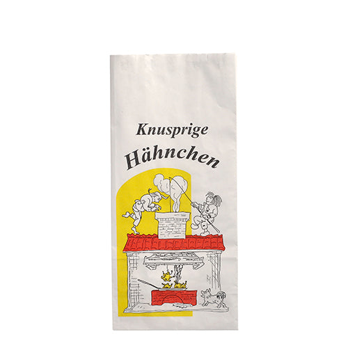 Der Starpak 100 Hähnchenbeutel, Papier mit Alu-Einlage, zeigt „Knusprige Hähnchen“ und zwei Personen, die Hähnchen über einem gemauerten Grill braten, auf einem weißen Beutel mit gelben Akzenten und bietet umweltfreundliche Wärmeisolierung.