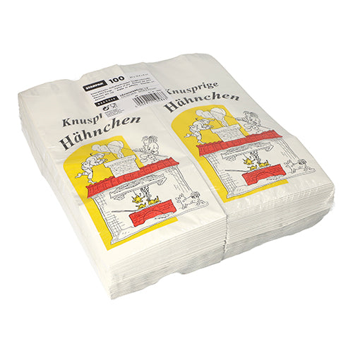 Ein Stapel von 100 Starpak Hähnchenbeuteln, Papier mit Alu-Einlage, umweltfreundlich, weiß, mit Hähnchen-Illustration, rotem und gelbem Ofen sowie dem Aufdruck „Knusprige Hähnchen“ auf der Vorderseite.