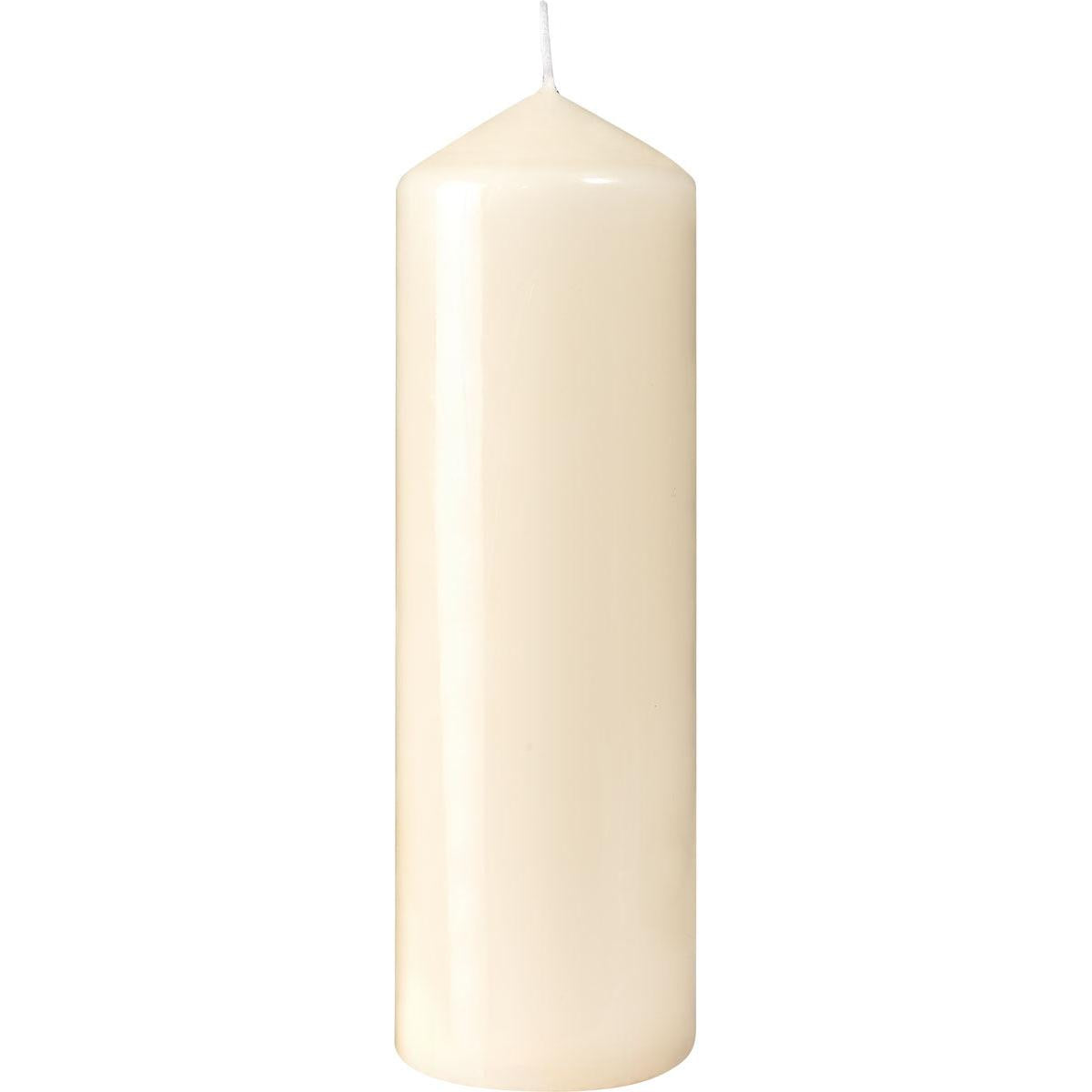 Die Duni GmbH Stumpenkerzen Elfenbein (220 x 70 mm) haben eine glatte Oberfläche, einen kurzen weißen Docht und eine Brenndauer von ca. 90 Stunden.