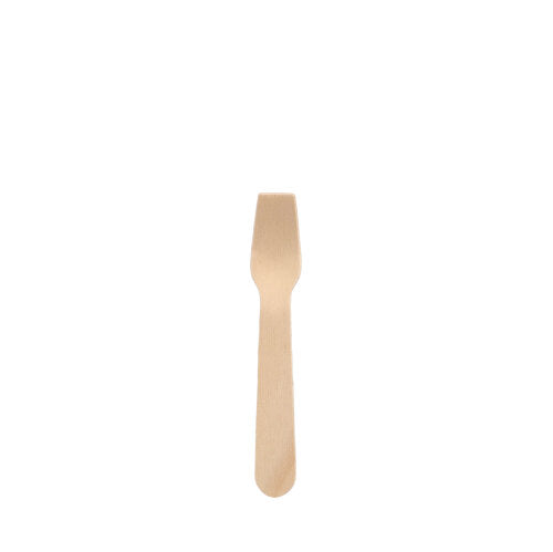 Auf weißem Grund zentriert ist ein PAPSTAR 100 Eislöffel, Holz „pure“ (9,4 cm), der PAPSTAR GmbH abgebildet, der mit seinem flachen Griff und dem eckigen Gabelende perfekt für den Einsatz im Gastronomiebereich geeignet ist.
