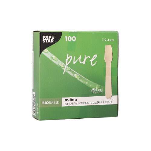 Die grüne „PAPSTAR pure“-Box enthält 100 Eislöffel aus Holz (9,4 cm) in einer Pappschale. Die Verpackung zeigt Löffel und Blatt, verfügt über mehrsprachige Informationen und ist ideal für die Gastronomie. Marke: PAPSTAR GmbH.