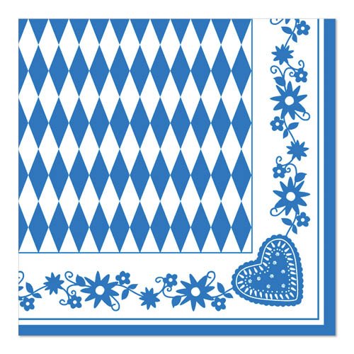 The PAPSTAR napkins 1/4-fold, 40x40 cm blue, "Bavarian Blue" by PAPSTAR GmbH have a blue and white diamond center with a blue floral and heart border - ideal Bavarian napkins for Oktoberfest (50 pieces).