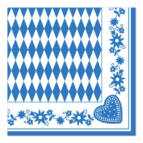 Die PAPSTAR 50 Servietten 1/4-Falz 40 cm x 40 cm „Bayrisch Blau“ der PAPSTAR GmbH präsentieren sich mit einem blau-weißen Rautenmuster mit Blumenrand und Herz – ideal für die Oktoberfest-Feier. 50 Stück im 50er-Pack.