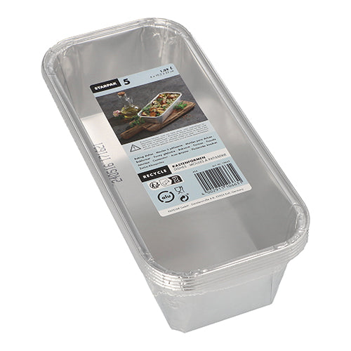 Starpak 5 Kastenformen, Alu-Eckig (1,09 l, 6x10,2x23 cm), sind rechteckige Backformen im klaren Schrumpffolienpack. Jede Packung enthält fünf Formen mit Produktinfos und Food-Foto auf dem Deckel – perfekt für Backergebnisse.
