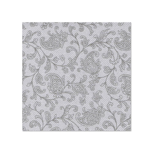 Die PAPSTAR 20 Servietten „ROYAL Collection“ (25x25 cm, 1/4-Falz) der PAPSTAR GmbH zeigen ein elegantes wirbelndes Blumenmuster in Hellgrau auf Weiß, mit feinen Linien, Blättern und Paisley-Formen.